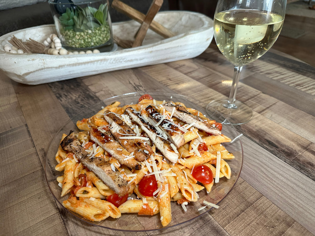 VODKA PENNE WITH GRILLED CHICKEN AND FRESH TOMATOES